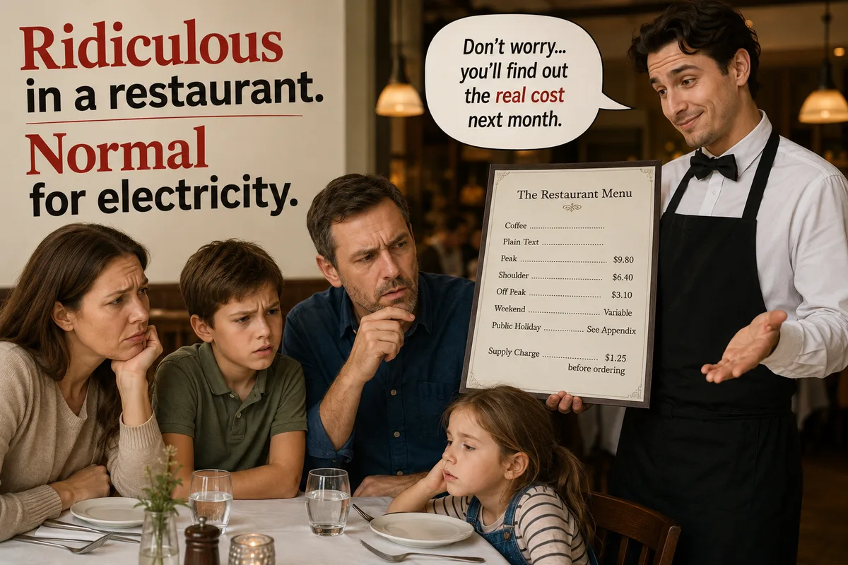 A restaurant hands a family a menu of confusing electricity charges (peak, shoulder, off-peak, supply charge) with the punchline that they won't find out the real cost until next month.