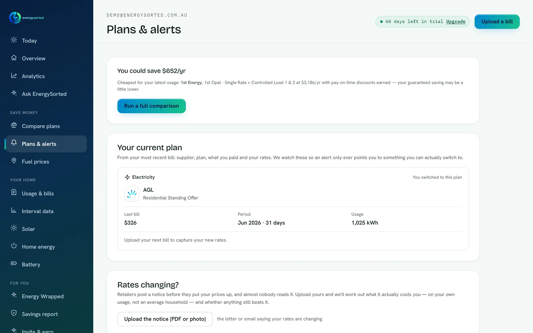 The Plans and alerts screen: the customer's current plan alongside the cheapest alternatives for their usage, re-checked nightly.