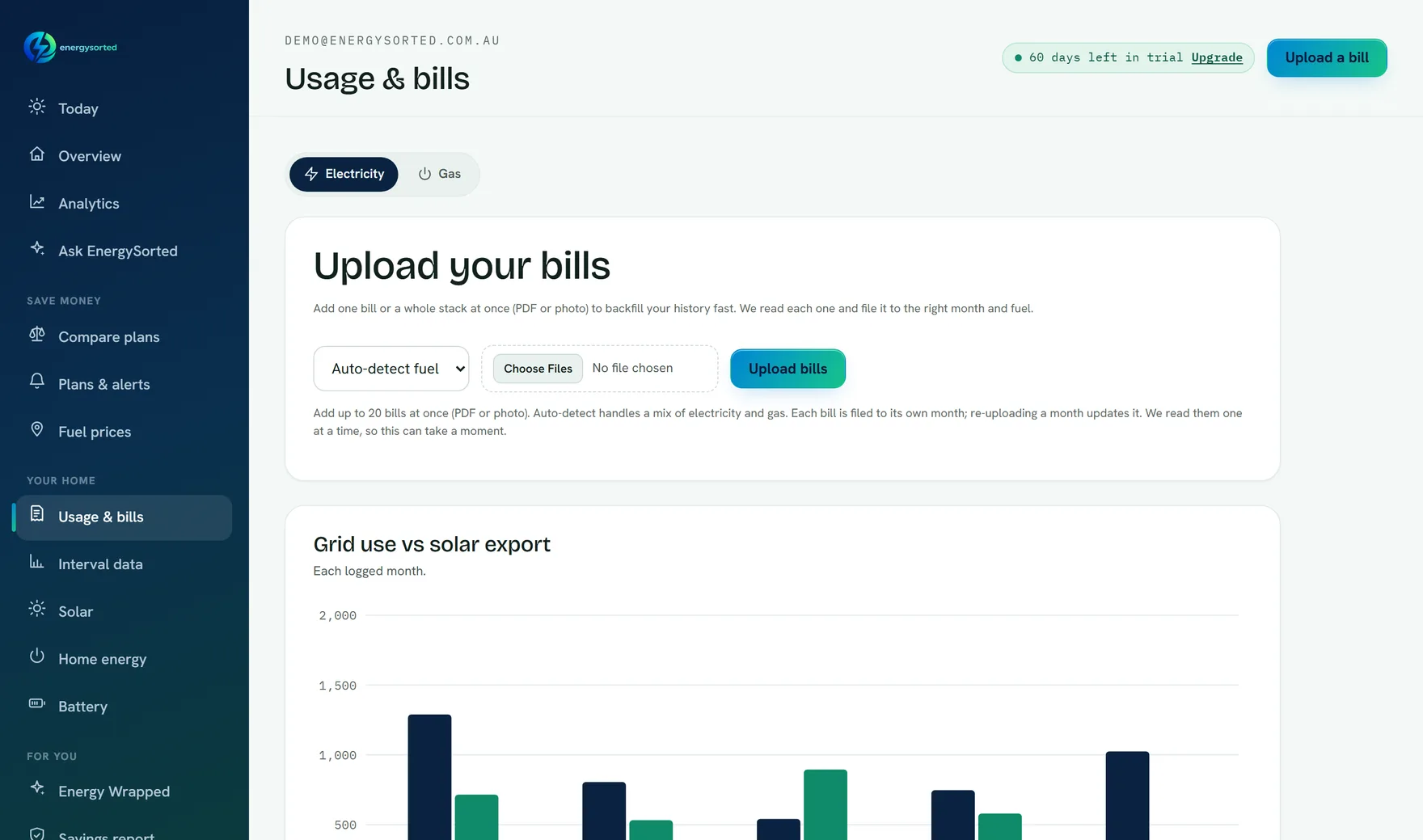 The bill upload screen with previously logged bills and their extracted usage